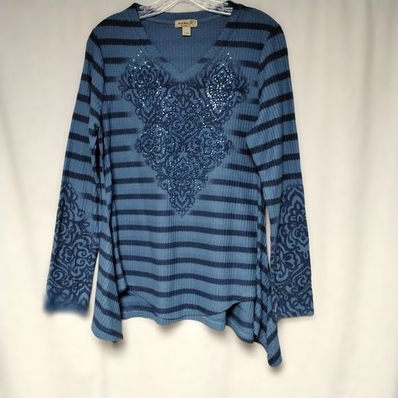 One World Tunic Top Knit Blue Rhinestone Sparkle Sz XS Boho Sparkle Cottagecore - Picture 2 of 10